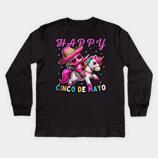 Dabbing girl Dancer on Unicorn Back Happy Cinco de Mayo wearing sunglasses Kids Long Sleeve T-Shirt